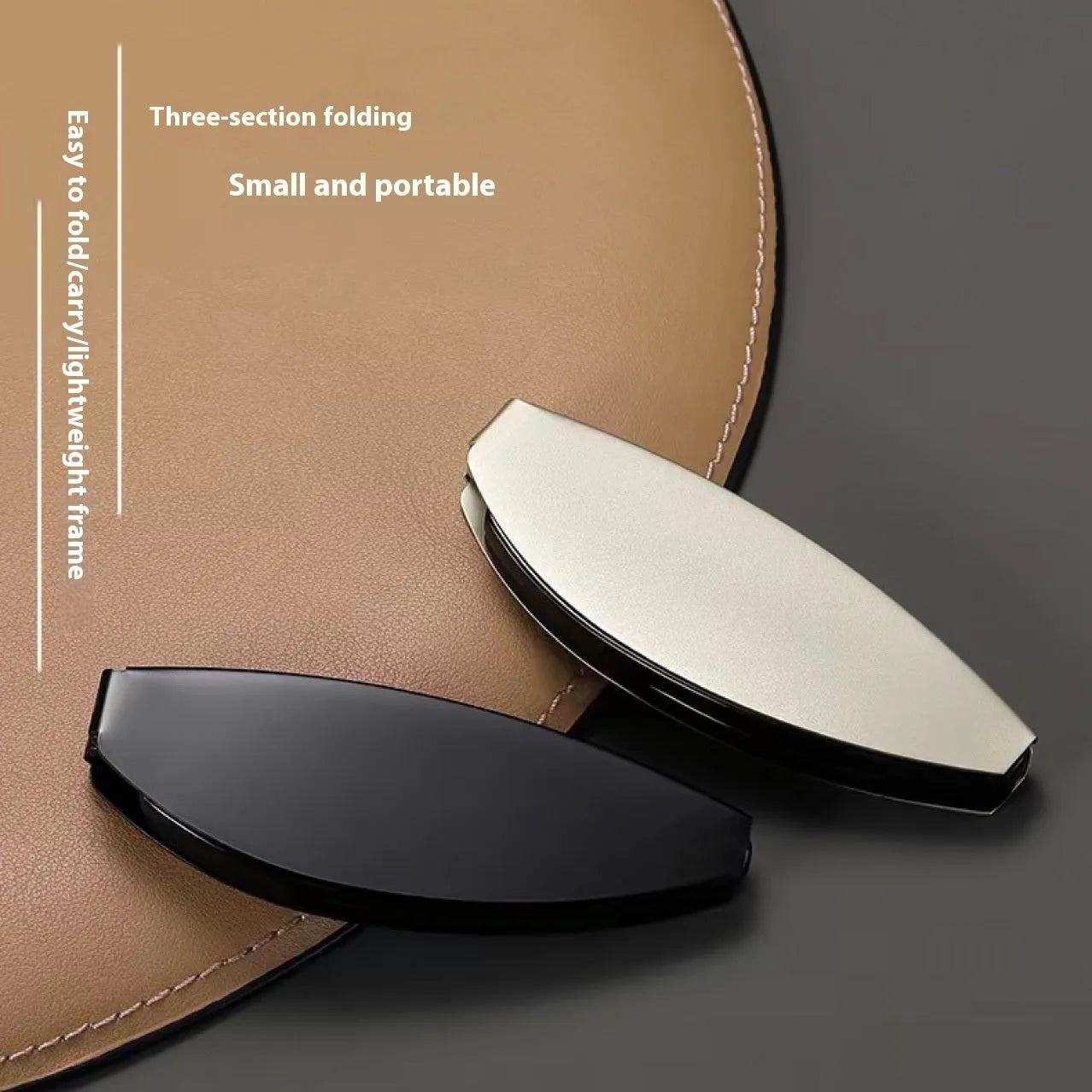 Black retro folding reading glasses with a ring detail, shown in open and closed positions.