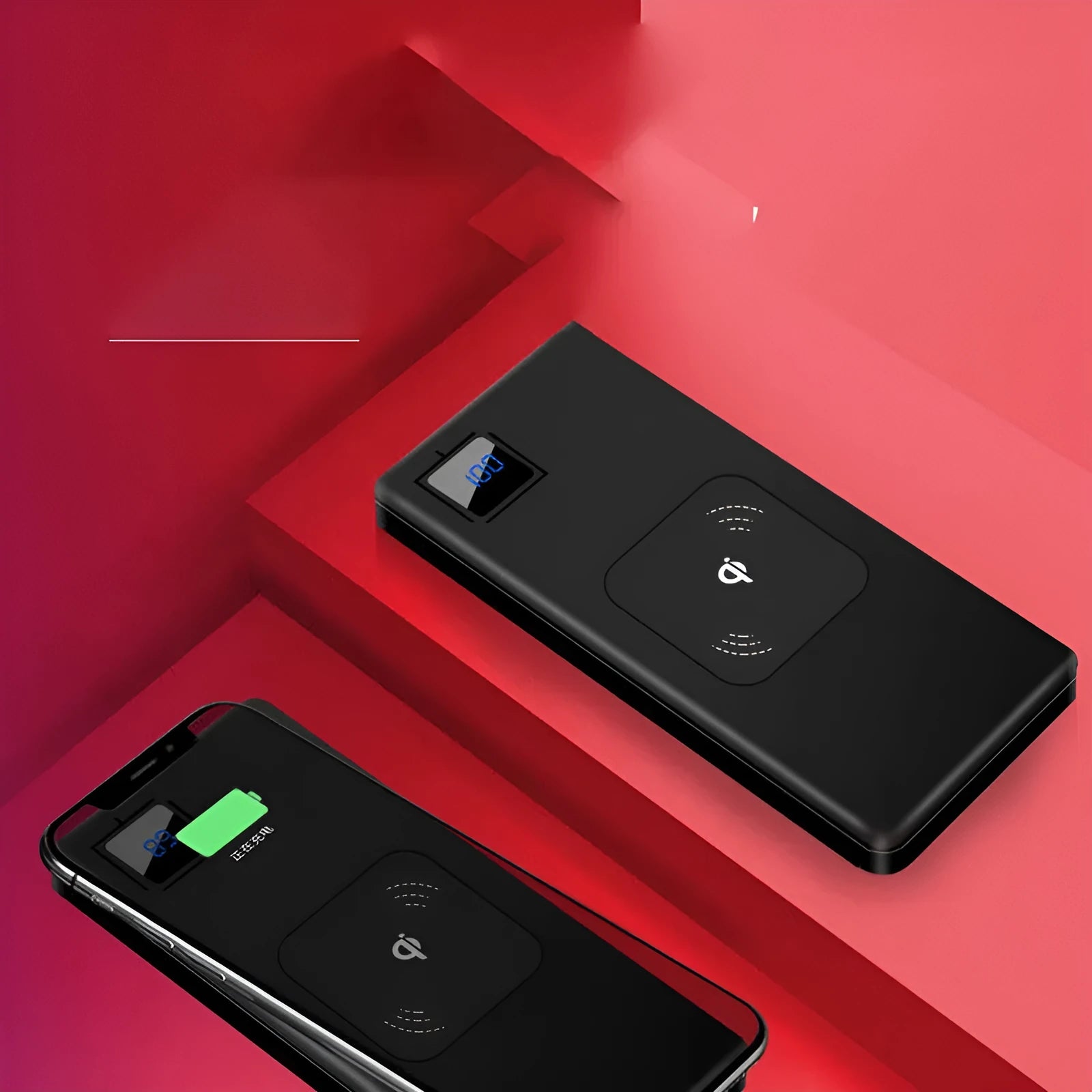 Alloy shell portable power bank with LCD display in black, silver, red, or blue.