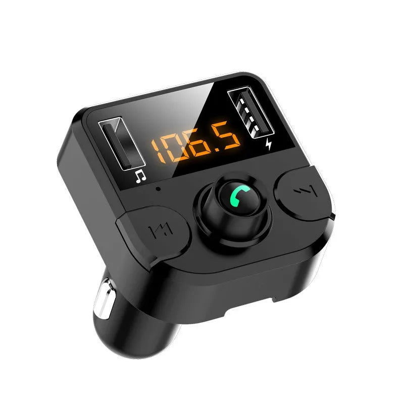 Black BT36B car MP3 Bluetooth player with 1.1-inch screen plugged into a car cigarette lighter socket.