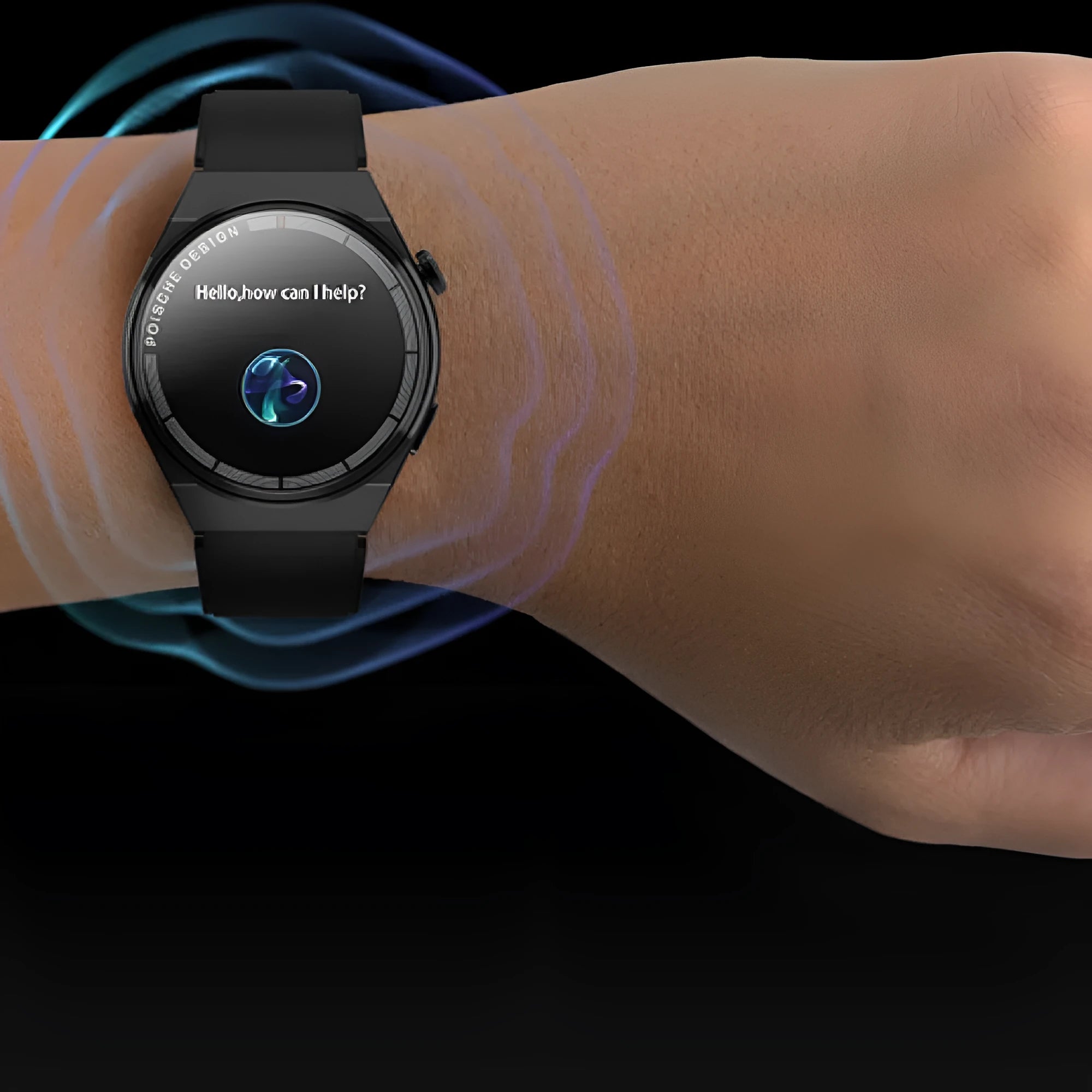 Black smartwatch with circular 1.39-inch screen on a silicone wrist strap, showing NFC payment and call interface.