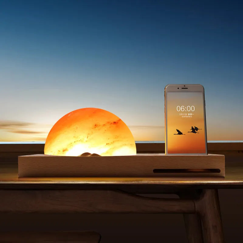 Sunrise Oriental salt lamp with beech wood base, natural salt block, and Qi wireless charging pad