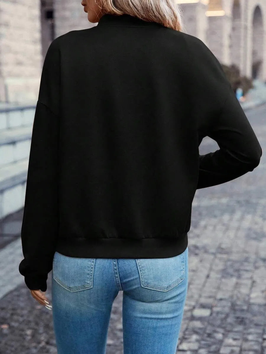 Women's black polyester zip jacket with long sleeves and faux pockets in Japanese Korean casual style