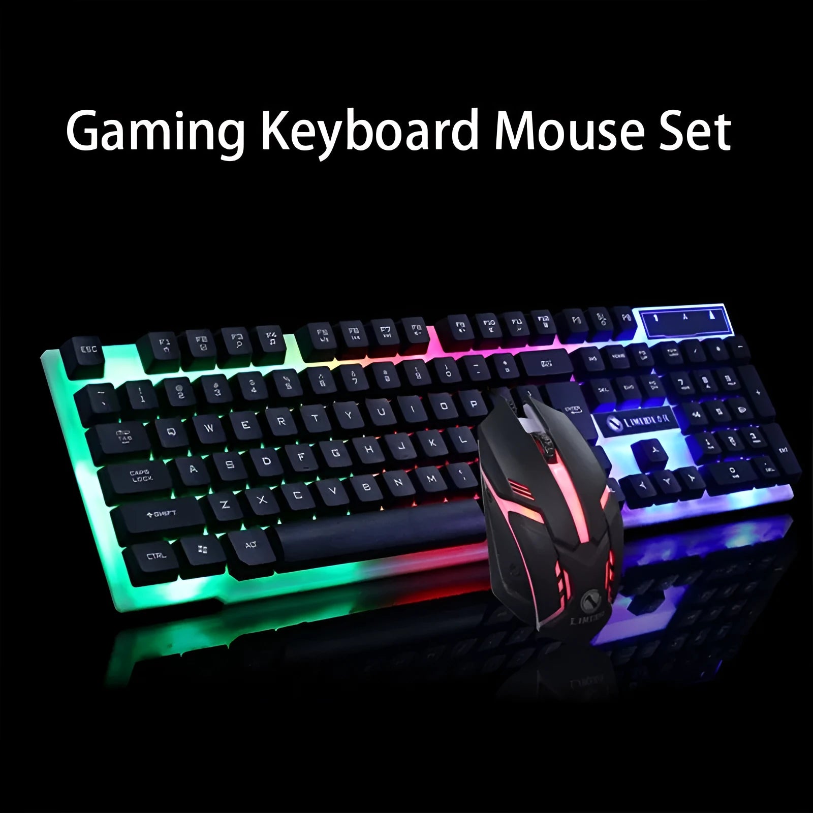 GTX300 wired USB gaming keyboard and mouse set with colour backlit keys in black on a desk.
