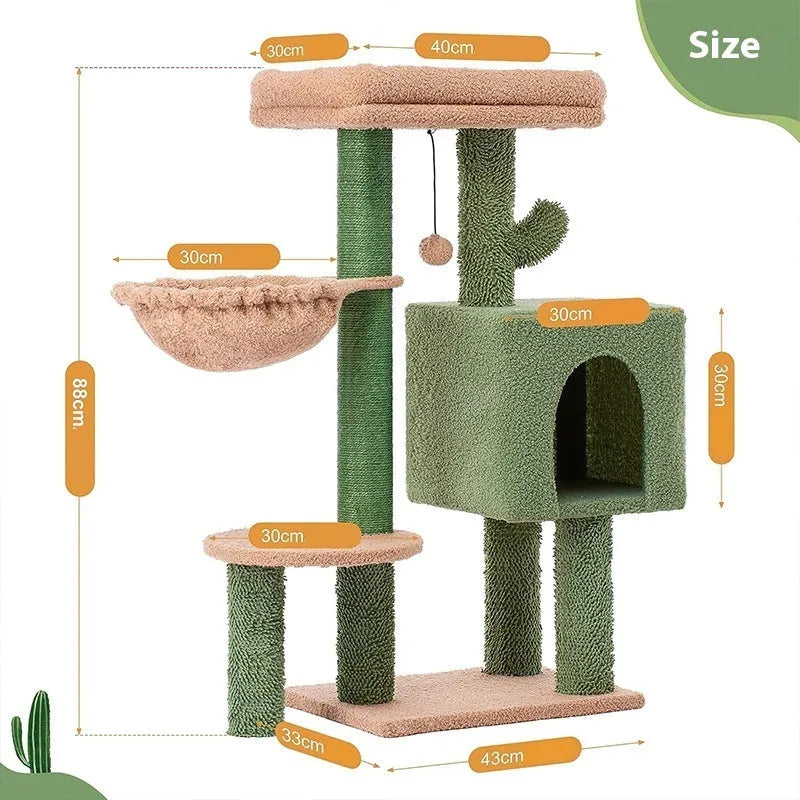 Wooden cat climbing frame with platform shelf cactus green colour 43x33x87cm simple style
