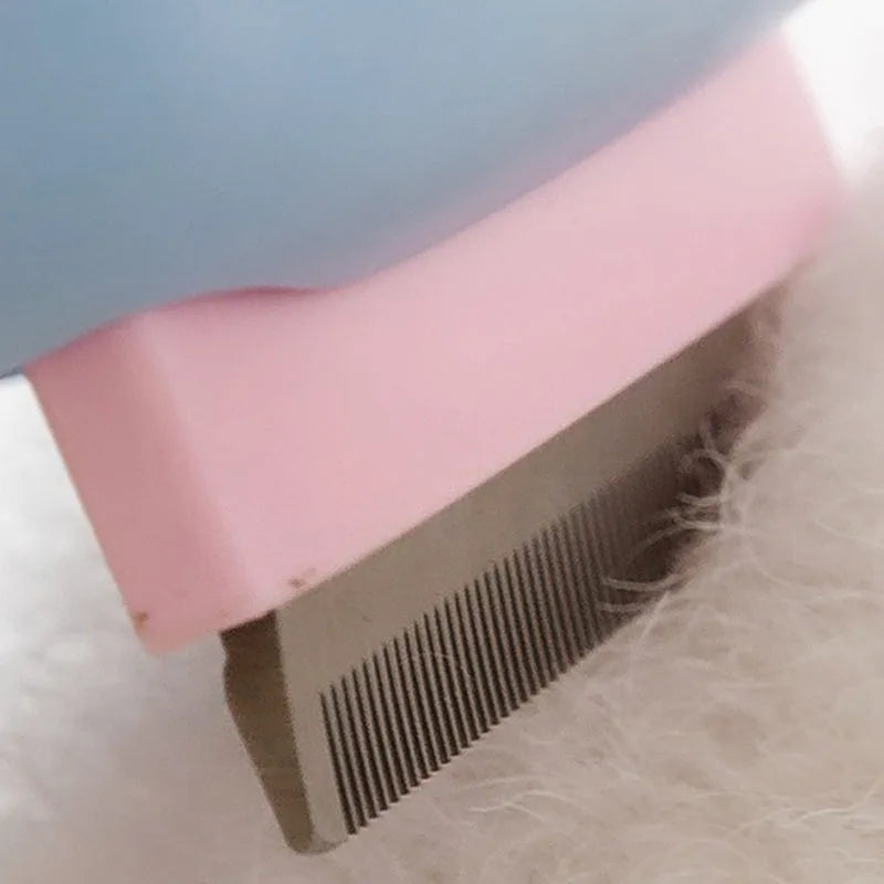 Blue double-sided pet grooming brush with deshedding rake and dematting comb on a white background.
