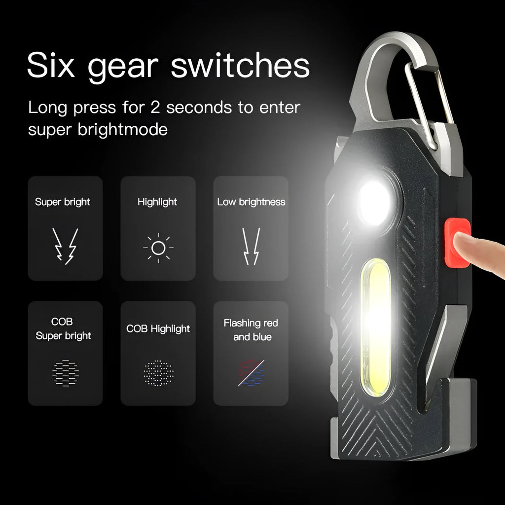 Multifunctional charging emergency light in black with COB and LED panels, mountaineering buckle, and bottle opener