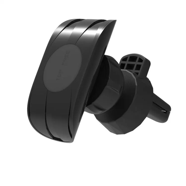 Black car air vent phone holder with magnetic smartphone attachment mounted on vehicle ventilation outlet