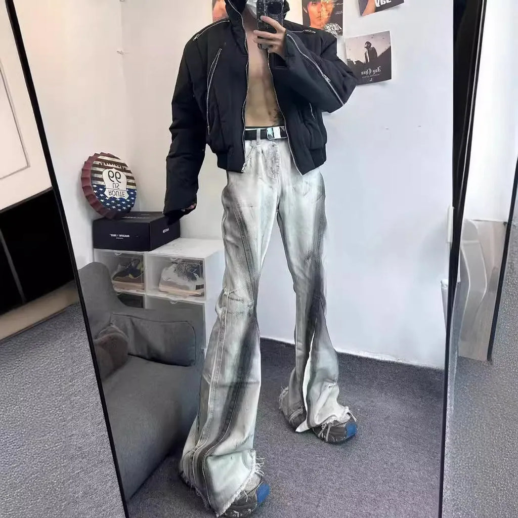 White cotton denim jeans with black ribbon gradient effect and heavy rough selvedge detailing