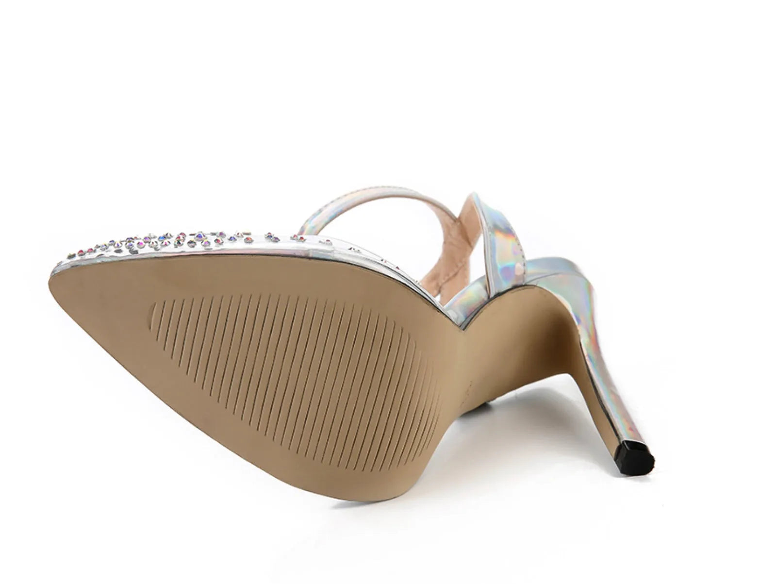 Women's pointed toe stiletto heel sandals with diamond decoration on the PVC upper.