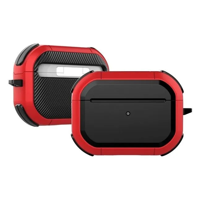 Hard protective shell case for Apple AirPods shown in multiple colours: black, red, pink, green, and yellow.