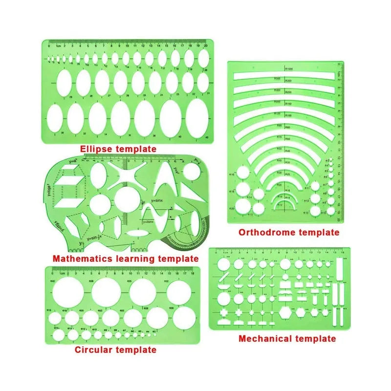 Clear green plastic geometric drawing templates set with eleven pieces and poly zipper envelope on white background