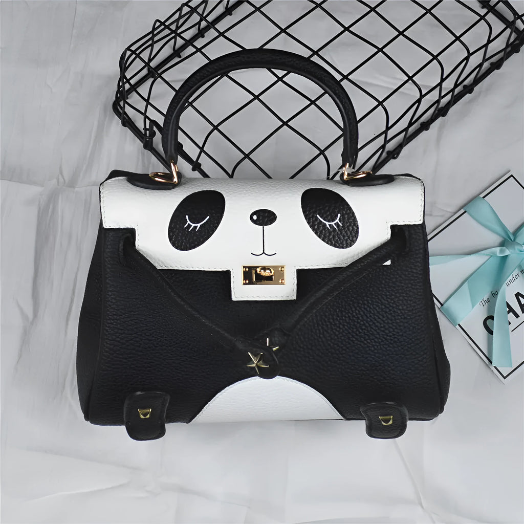 Panda print cow leather handbag in horizontal square shape with two size options