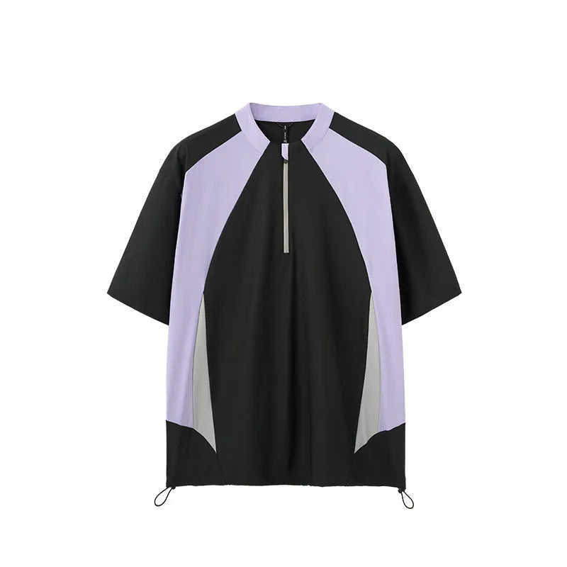 Men's lightweight stitching casual top in black and beige, available in long sleeve and short sleeve styles.