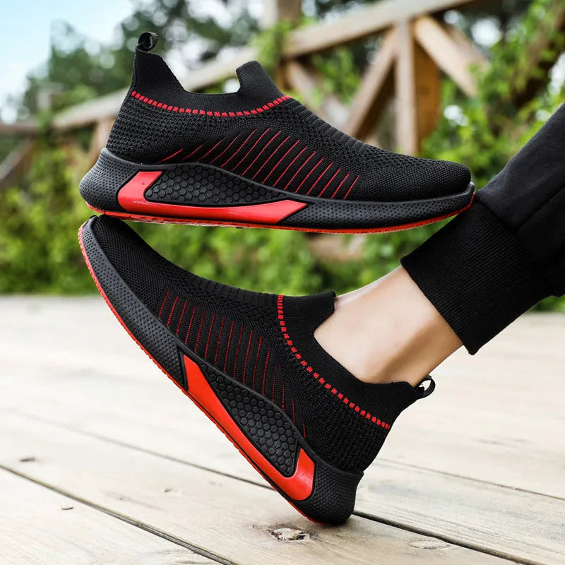 Men's striped mesh sock shoes with flyknit upper and lace-up front in three colour options