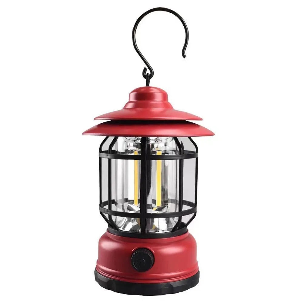 Portable camping lantern with handle in black, dark green, or red colour options.