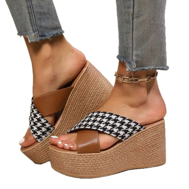 Women's brown leopard plaid wedge sandals with cross ankle strap and rubber sole