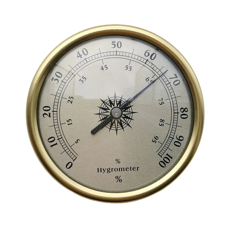 Analogue thermometer and hygrometer with aluminium casing showing temperature and humidity readings