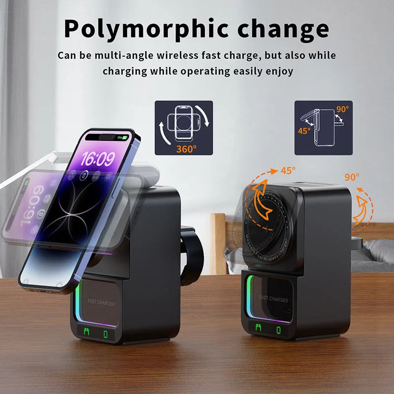 5-in-1 Bluetooth speaker wireless charger in black with QC3.0 fast charge and magnetic support