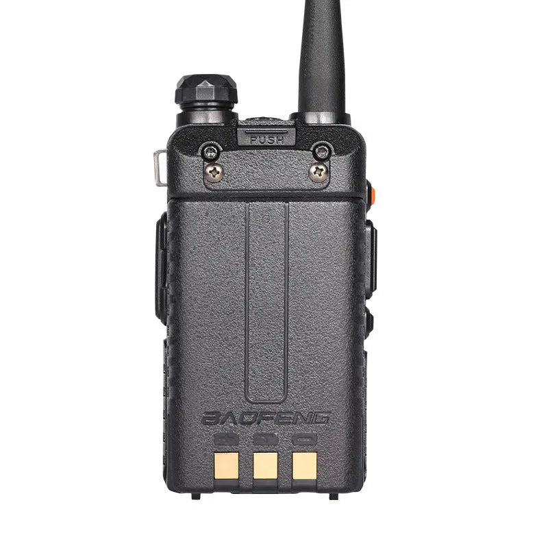Compact black VHF/UHF walkie talkie with 128 channels and 5-10 km range