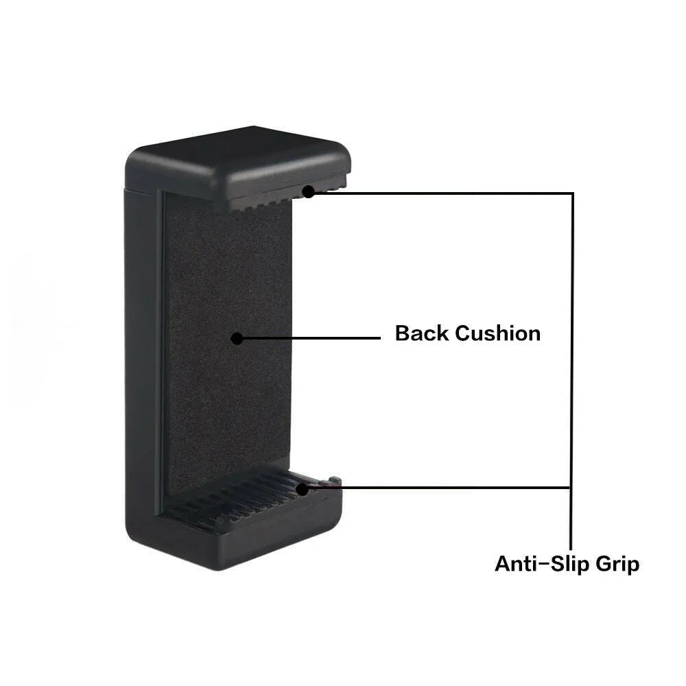 Black plastic single phone holder with rotating clamp and word folder on desk