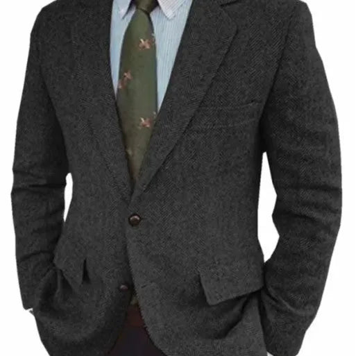 Men's retro herringbone suit jacket in solid colour with long sleeves and flax lining, shown in Brown