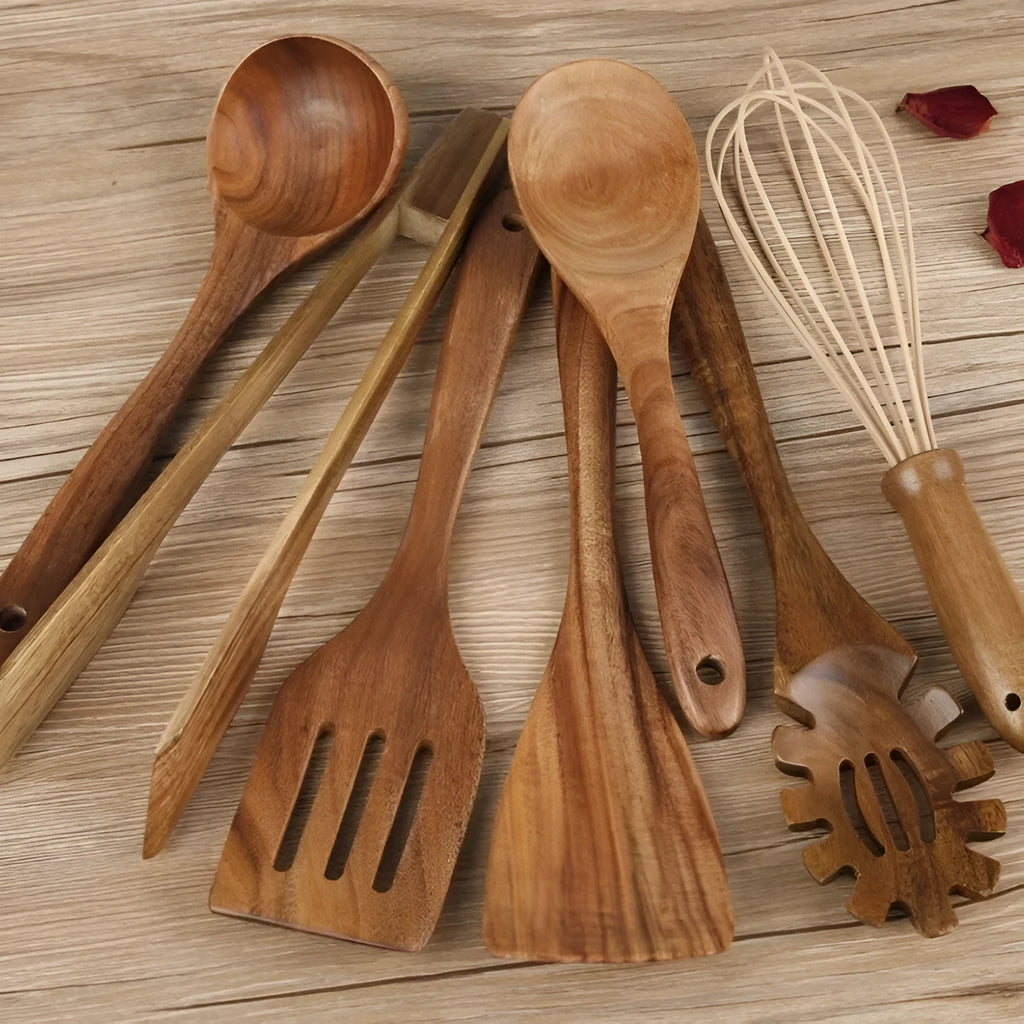 Seven-piece wooden cooking utensil set including spoon and slotted spoon for non-stick pans.