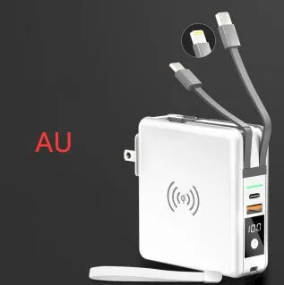 Black and white 10000mAh power bank with wireless charging surface and foldable plug