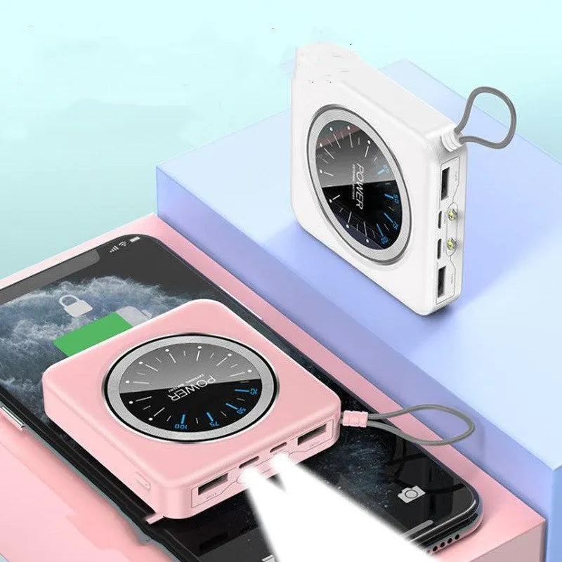 Compact alloy case portable power bank in mint green with multiple USB output ports.