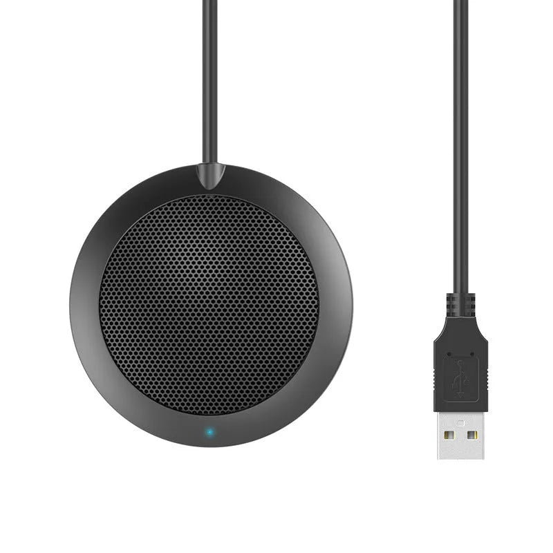 Black 360 degree omnidirectional USB microphone with zinc alloy shell and metal mesh cover on a desk