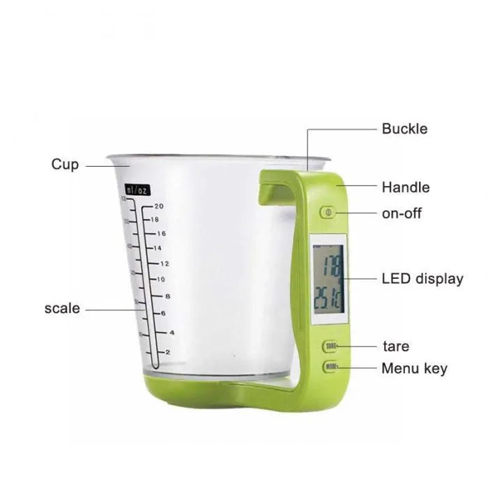 Green digital measuring cup scale with LCD display in handle on white background, 185mm size