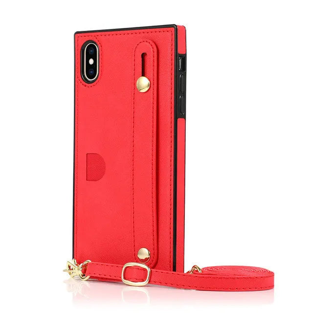 Leather messenger phone case with card holder slot and wristband holster in multiple colours