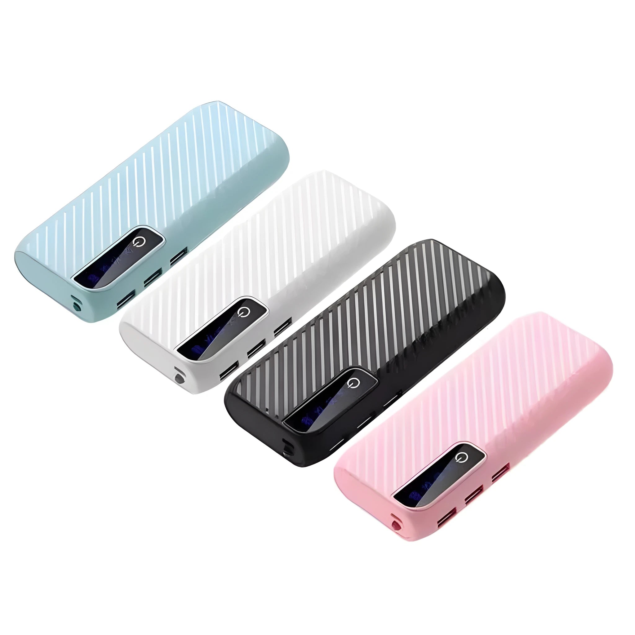 A compact 20000mAh portable power bank in various colours, showing its size and USB ports.