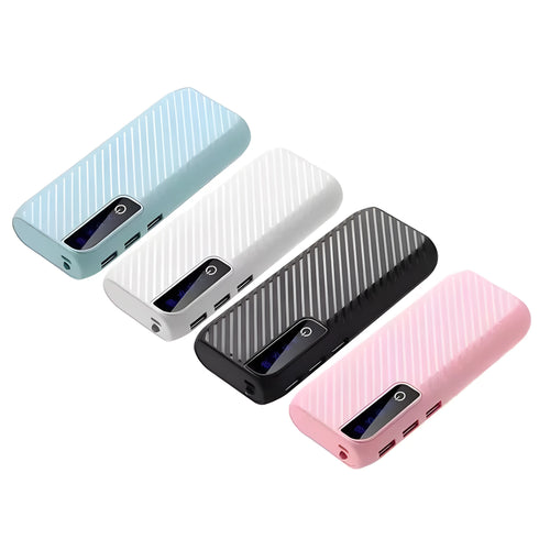 A compact 20000mAh portable power bank in various colours, showing its size and USB ports.
