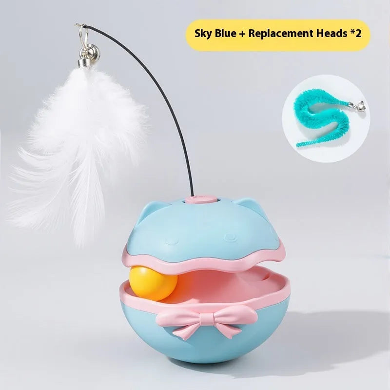 Electric plastic cat toy tumbler with LED lights in lemon yellow, blue, or grey.