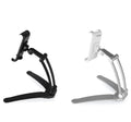 Silver aluminum desktop tablet stand with white ABS base, showing adjustable clip holding a tablet.