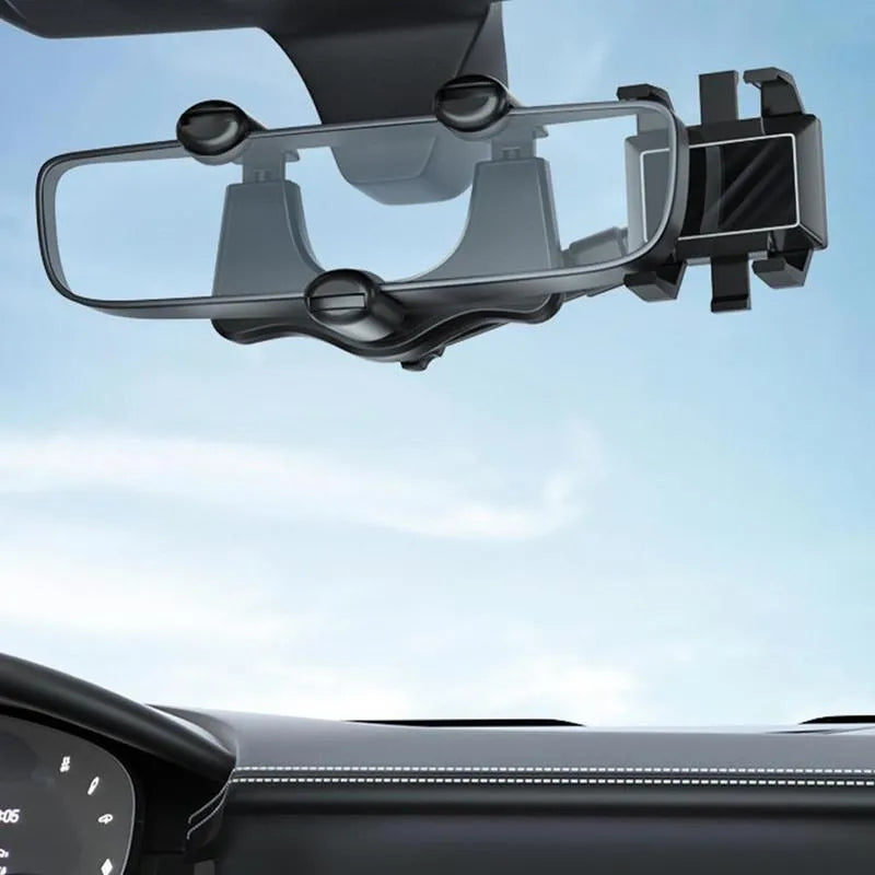 Black rearview mirror car phone holder showing 360-degree rotation and retractable arm extended.