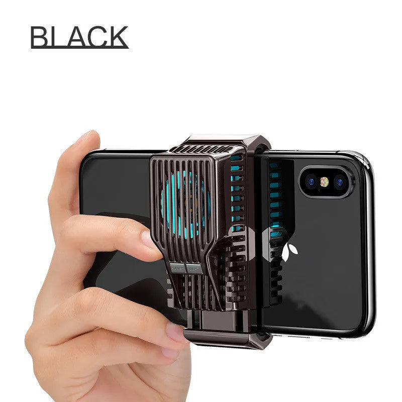 Black mobile phone radiator with clip, aluminium alloy body, attached to a smartphone for cooling.