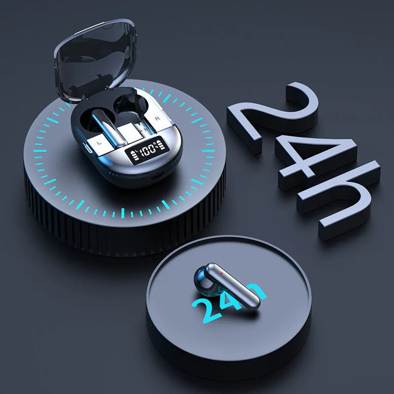 Black or white wireless Bluetooth in-ear headset with charging bin, featuring a digital display screen.