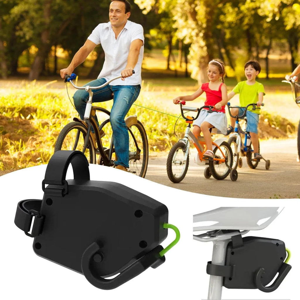 Black plastic and resin bicycle trailer towing rope for mountain bike trailer connection.