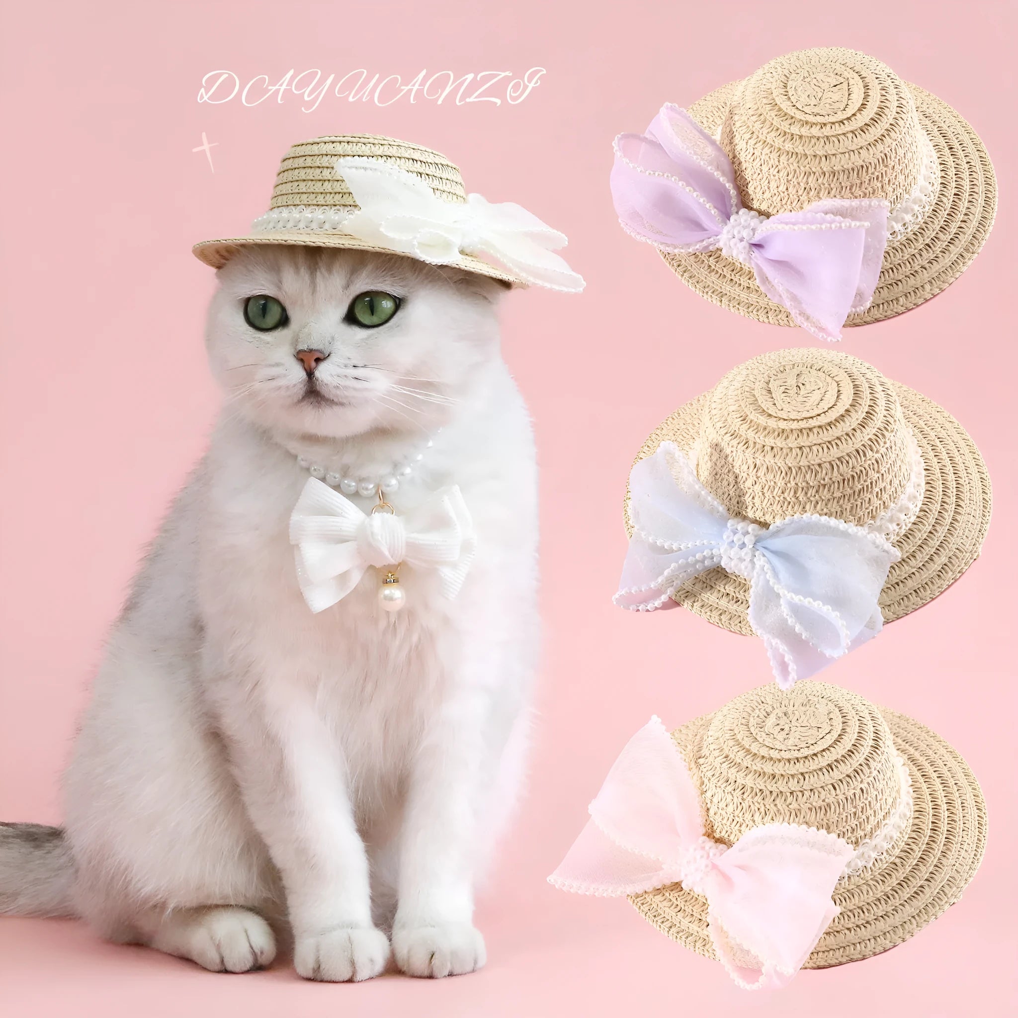 Pet cat wearing woven straw hat with pearl bow decoration in seasonal colour option