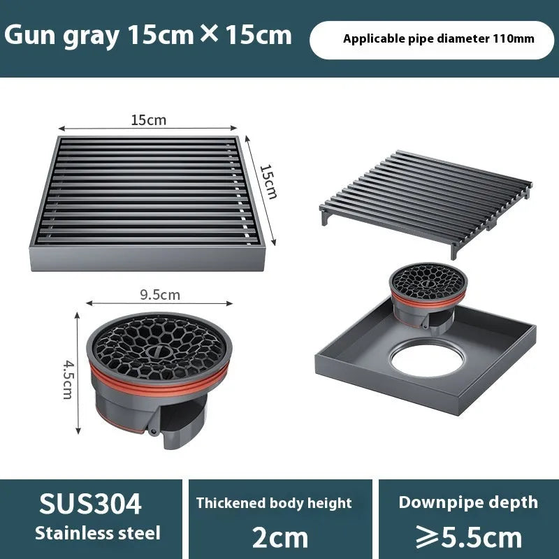 Gun grey 304 stainless steel courtyard deodorant floor drain with 15x15cm dimensions.
