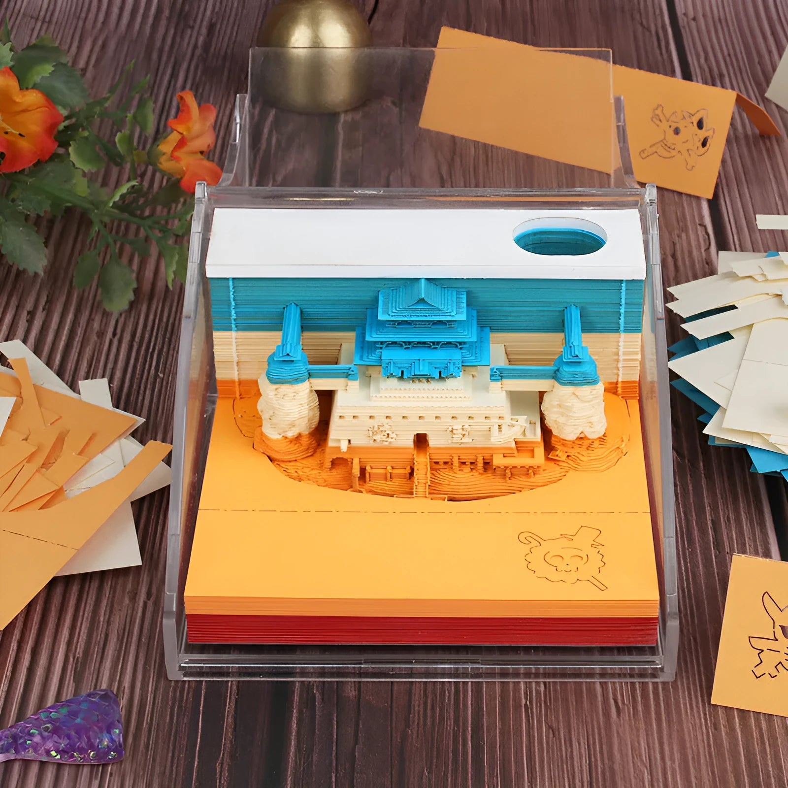 One Piece anime architectural sticky notes showing detailed building illustrations on 80x45mm craft paper.