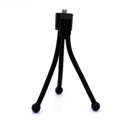 Small iron frame desktop mini tripod with telescopic legs and black ball head, shown next to a mobile phone.