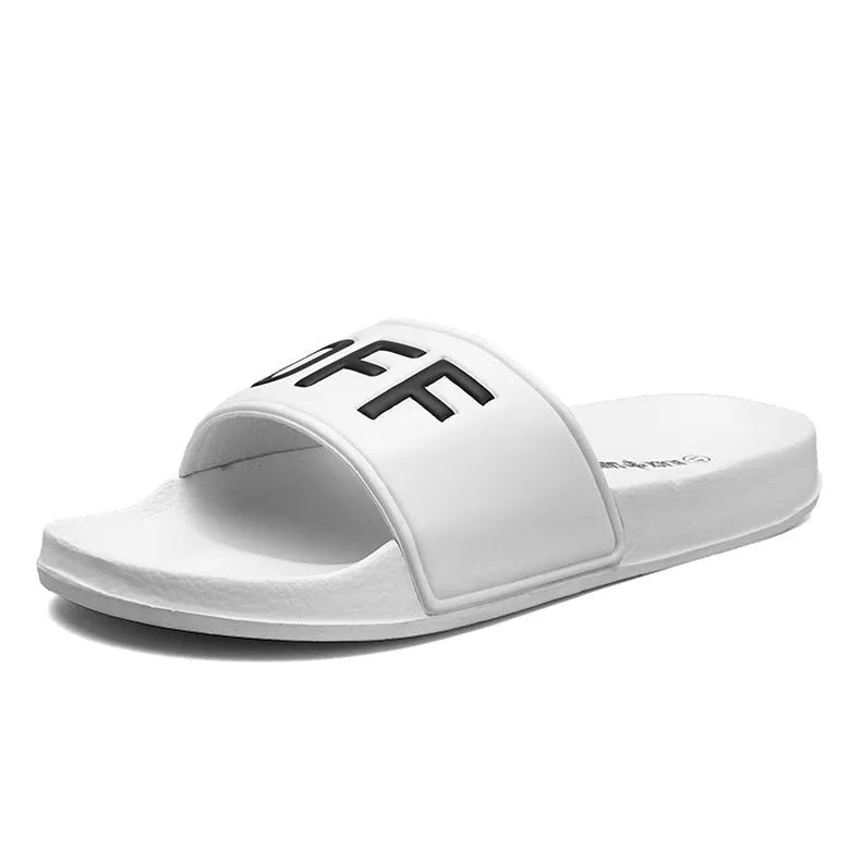 Men's black and white open toe slippers with a rubber sole, shown in large sizes.