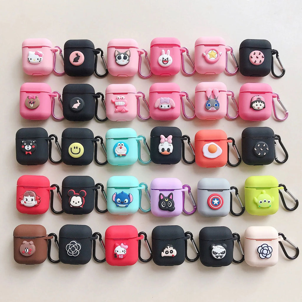 Silicone protective case for Bluetooth earphones with cartoon design and key-clasp hanging rope