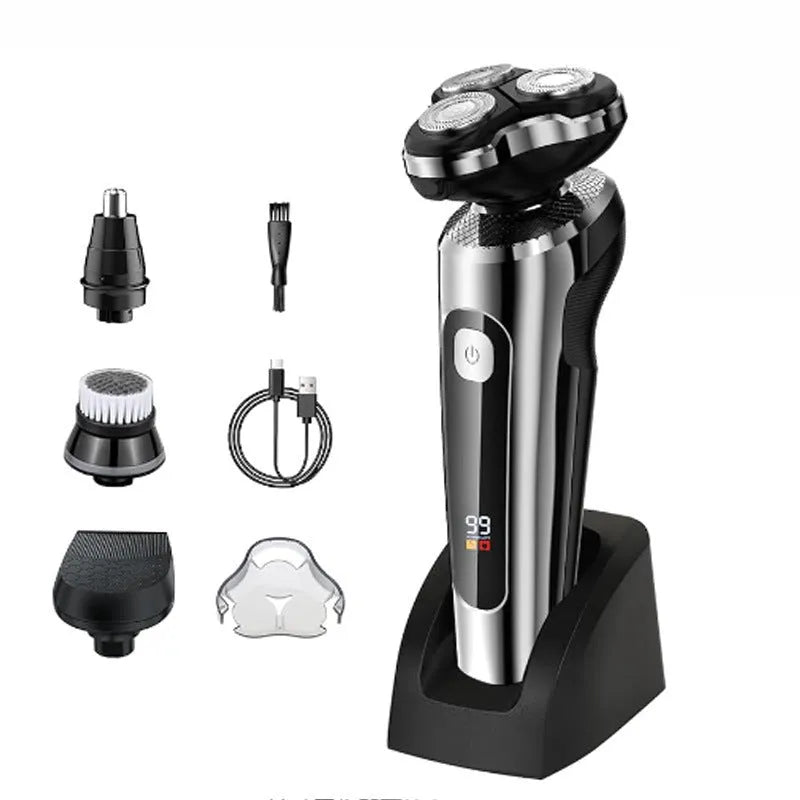 USB rechargeable beard trimmer with digital display on its five-in-one base, showing washable body and floating cutter head.