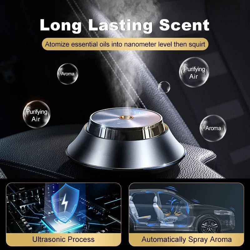 Black butterfly-shaped metal car aromatherapy diffuser with USB cable and bottle of essential oil.