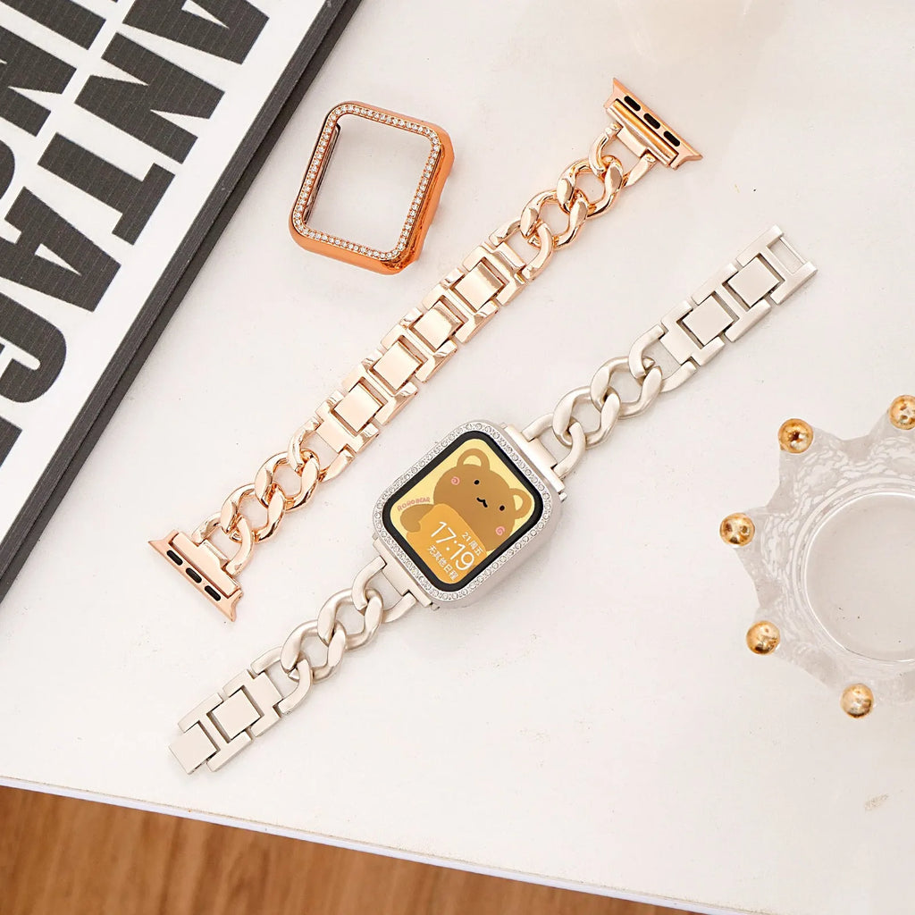 Metal chain link watch strap for Apple Watch in silver, black, gold, rose gold, or Starlight colour.