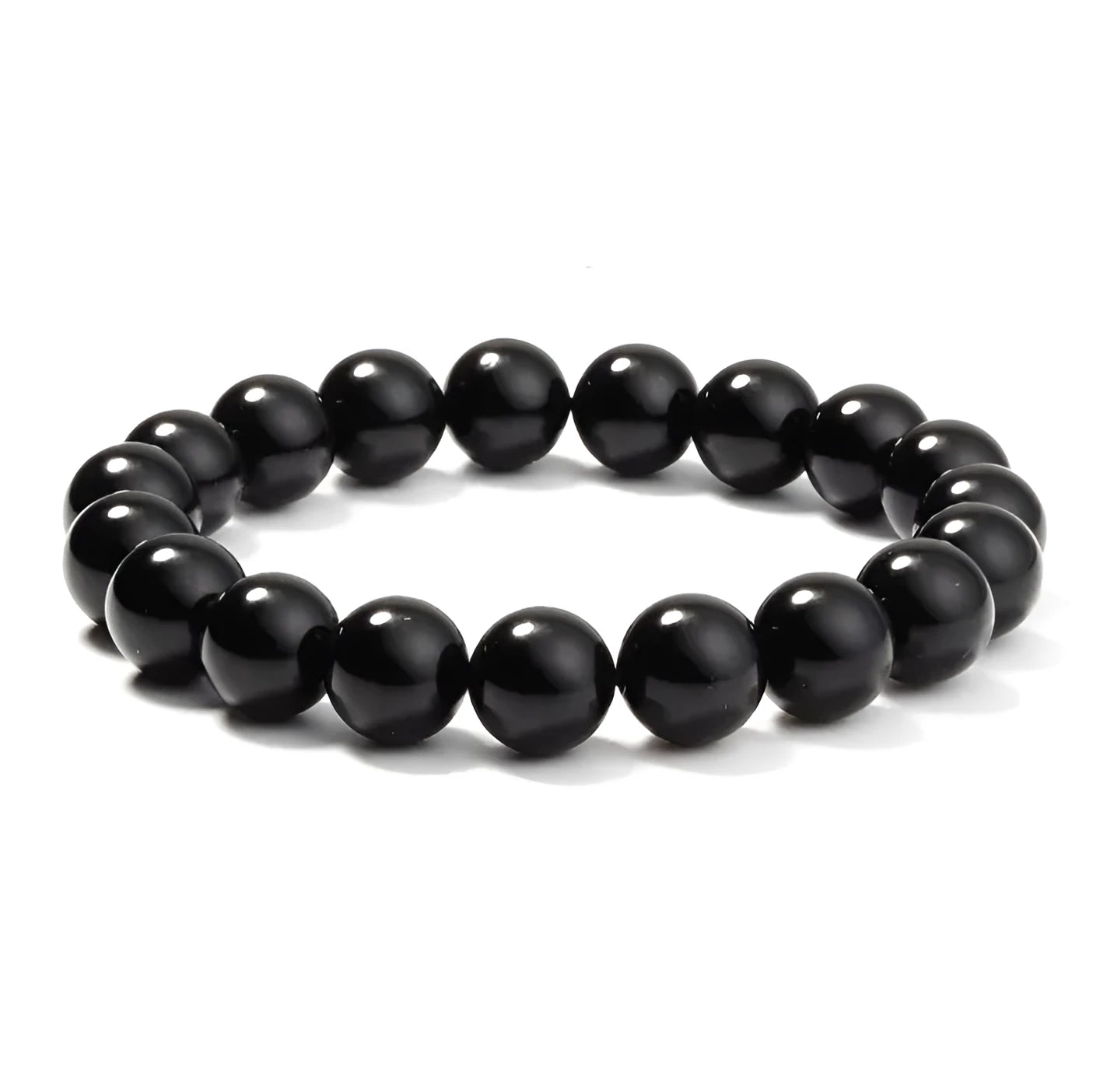 Women's black onyx agate beaded bracelet with geometric design and elastic cord.