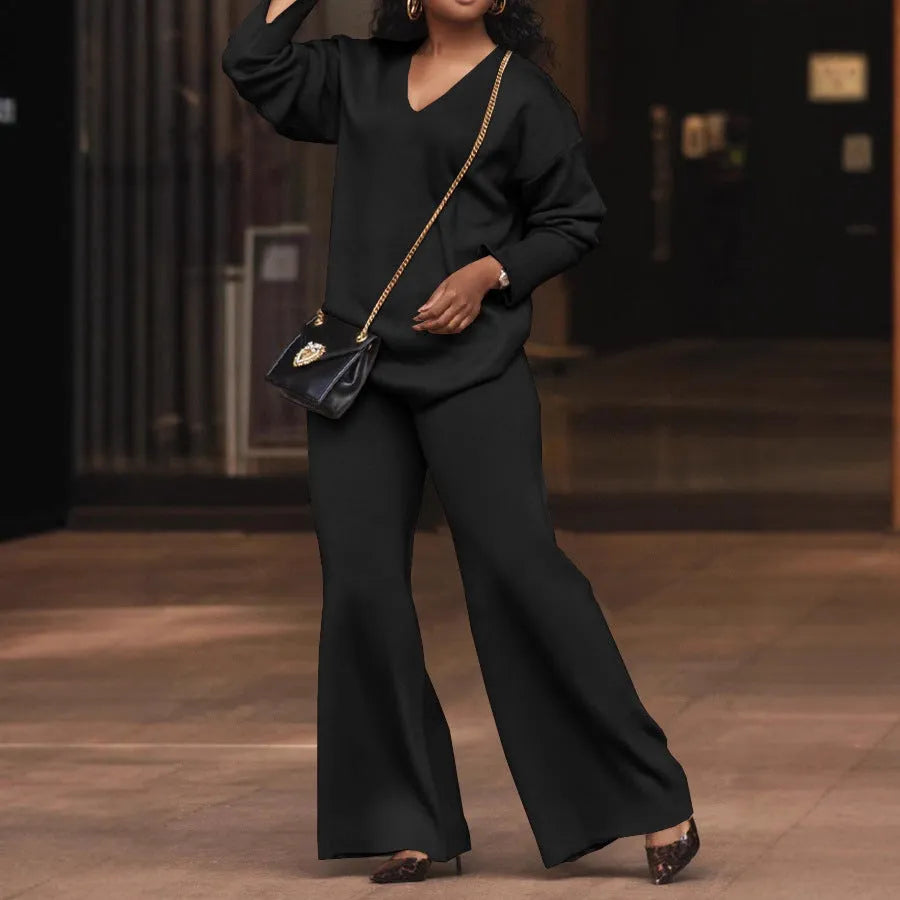 Women's brown deerskin velvet two-piece suit with split sleeve top and straight leg trousers